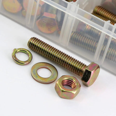 1000 Piece Grade 8.8 Hex Bolts And Nuts Assortment Kit With Flat Washers M4 M5 M6 Metric Hardware Set showcasing a hex bolt, nut, and washers.