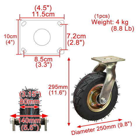 Rock Solid Five Pack Heavy Duty Industrial Caster Wheels With Silent Pneumatic Rubber Tires And Rust Resistant Steel Base, dimensions shown.