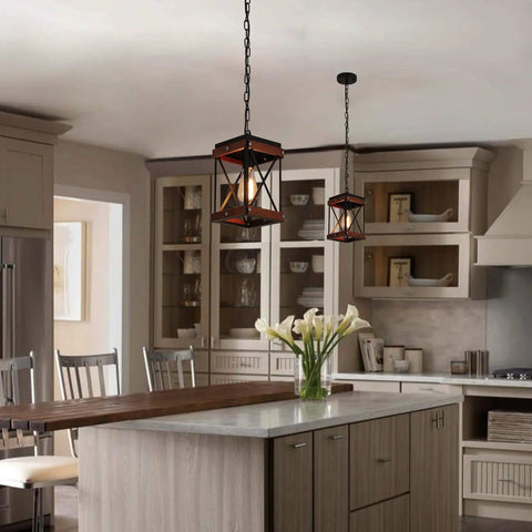 Dope Rustic Farmhouse Pendant Light With Wood And Metal Cage One Light Adjustable Chains Industrial Mini Pendant Ceiling Fixture For Kitchen Island Cafe Bar Black over kitchen island