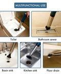 Five In One Toilet Plunger Kit With Air Pressure Hand Pump in use on toilet, bathroom sewer, basin sink, kitchen sink, floor drain