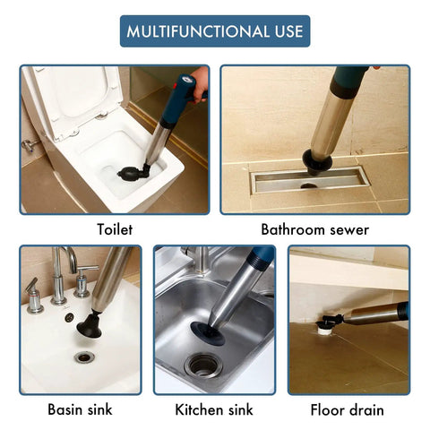 Five In One Toilet Plunger Kit With Air Pressure Hand Pump in use on toilet, bathroom sewer, basin sink, kitchen sink, floor drain