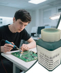 Solder Green Epoxy UV Solder Mask For Circuit Boards bottle in foreground with person soldering PCB in background