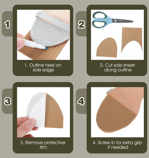 Steps to apply 4 Pack Self Stick Shoe Sole Repair Pads Non Slip Heel Protectors for Men and Women Durable Rubber Replacement Pads in Black and Khaki Easy Peel and Stick Shoe Sole Care