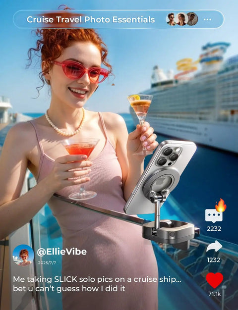 MagSafe Phone Holder For Air Travel Compact Travel Gadget used onboard cruise ship capturing solo photo with drink in hand
