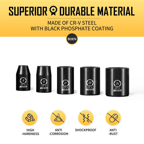 Half Inch Drive Shallow Impact Socket Set, 17 Piece Metric Range 8mm To 24mm, 6 Point Design, CR V Steel material features