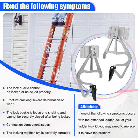Extension Ladder Lock Kit For 28-11 Rungs, Compatible With 24 To 32 Ft Aluminum And Fiberglass Ladders, No-Fuss Easy Install Rung Locks, Durable Heavy-Duty Locking System For Safer Heights And Quick, Reliable Setups showing ladder lock parts and replacement use