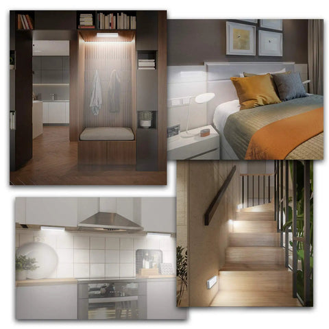 USB Rechargeable Motion Sensor Closet Light 3 Pack With Remote Dimmable Under Cabinet LED Light Bar used in various home settings