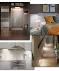 Rechargeable Motion Sensor Closet Light With Charging Station For Wardrobe And Kitchen showcasing under-cabinet and bed lighting.