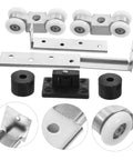 Heavy Duty Sliding Cabinet Door Track With Sturdy Steel And Nylon Wheels Quiet Glide For Cabinets Smooth Low Noise Operation High Load Bearing Durable Sliding Door Roller System For Pocket Doors And Heavy Doors, includes wheels and track components.
