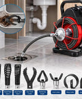 8pc Drain Auger Head Set Fits General Easy Rooter Junior Ej-a Kick Butt Against Stubborn Clogs And Melt Away Gunk Fast, showing auger heads and power machine.