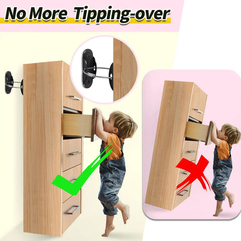 Child using Heavy Duty Anti Tip Furniture Anchors Six Pack Kid Safe Wall Straps For Dresser Stability Earthquake Wall Mount Hardware Home Peace Of Mind Security Kit Black