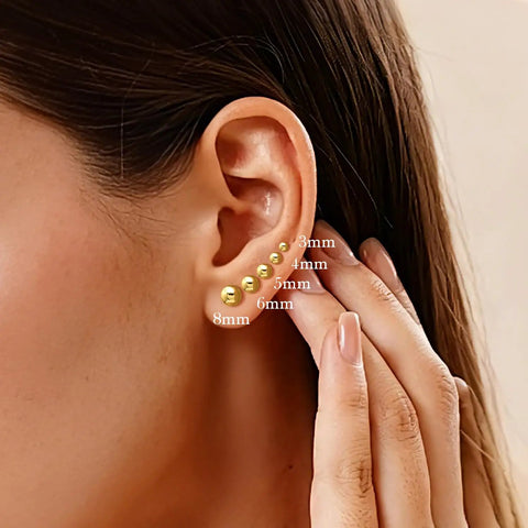 14K Gold Plated Ball Stud Earrings For Women Everyday Dainty Gold Ball Jewelry Minimalist Classic Sparkle Smooth Silhouette For A Timeless Glow Easy Everyday Accessory For Her Comfortable All Day Wear, 3-8mm sizes shown