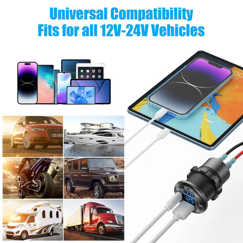 Two Pack 12 V USB Outlet With Four 78 W Fast Charging Ports dual PD USB C and Quick Charge 3 0 aluminum socket, charging phones with voltmeter.