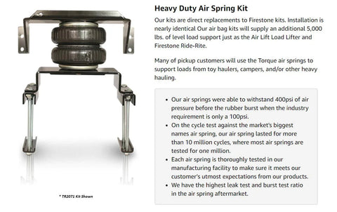 Torque heavy-duty air bag suspension kit with dual-stack air spring and metal mounting brackets (front view)