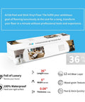 Packaging of Peel And Stick Vinyl Wood Floor Tiles 54 Sq Ft White Washed Plank 36 Pack Rigid Core Self Adhesive Flooring.