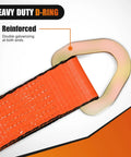 Beefy 4 Pack Axle Tie Down Straps 2 Inch by 38 Inch With Protective Sleeve and D Ring, Road Ready Heavy Duty Kit For Trailers, Trucks, UTVs, And Car Hoists, 11127 Lbs Break Strength, 3709 Lbs Working Load. close-up of reinforced D-ring and orange strap