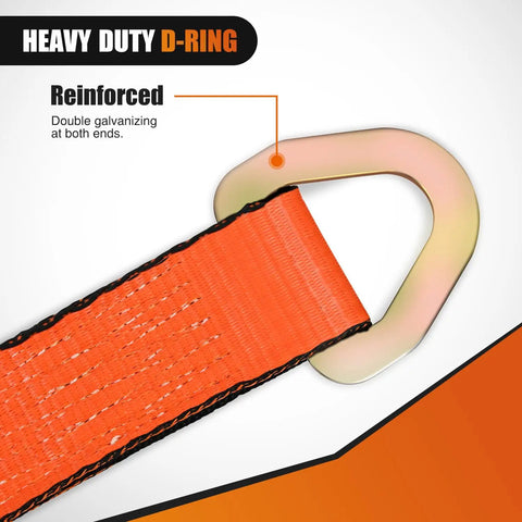 Beefy 4 Pack Axle Tie Down Straps 2 Inch by 38 Inch With Protective Sleeve and D Ring, Road Ready Heavy Duty Kit For Trailers, Trucks, UTVs, And Car Hoists, 11127 Lbs Break Strength, 3709 Lbs Working Load. close-up of reinforced D-ring and orange strap