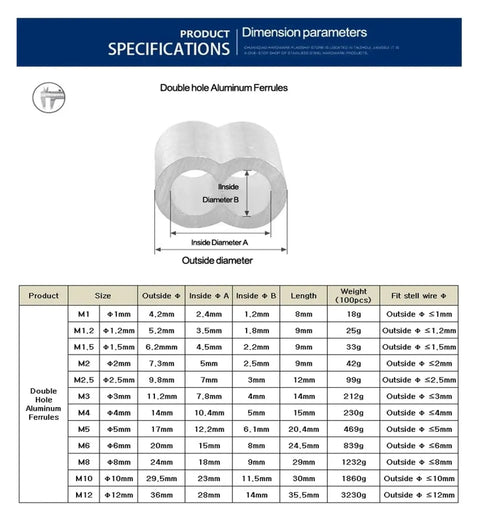 Knockout Performance Aluminum Crimping Loop Sleeve Wire Rope Ferrule Cable Tie Kit double hole specifications with dimensions and sizes.