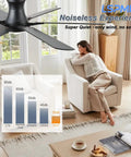 Cool Remote Ceiling Fan With Light 52 Inch in living room setting, quiet DC motor, displaying noise level comparison, ideal for indoor use.