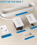 In Wall Cable Management Kit With Two GFCI Outlets 15 Amp Tamper Resistant Receptacles LED Indicator Light 8 Ft Cord TV Wire Hider For Wall UL Listed No Fuss Setup components displayed including cord, socket panel, and manual.