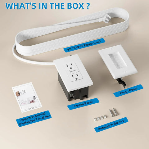 In Wall Cable Management Kit With Two GFCI Outlets 15 Amp Tamper Resistant Receptacles LED Indicator Light 8 Ft Cord TV Wire Hider For Wall UL Listed No Fuss Setup components displayed including cord, socket panel, and manual.