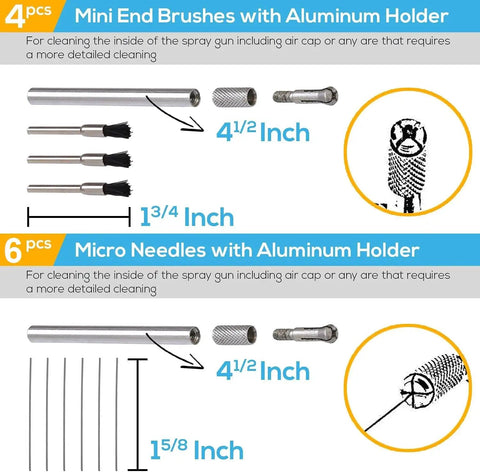 All-In-One Pro-Grade Spray Gun Cleaning Kit With 23-Piece Maintenance Set For HVLP Gravity Suction Detail And Paint Guns, Air Tools And Airbrush, Comprehensive Cleaning Accessories And Sturdy Storage Case Included. 4 mini end brushes and 6 micro needles with aluminum holder, 4.5-inch