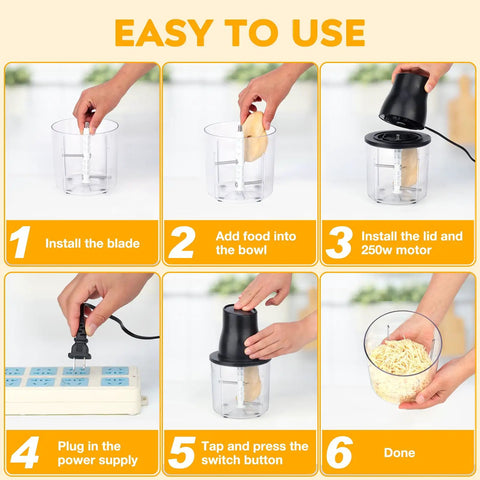 Turnrise Electric Chicken Shredder Tool with Double S-Blades demonstrating easy installation steps for quick food prep.