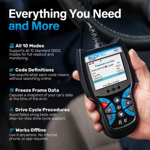 Bluetooth OBD2 Scanner with Live Data Code Reader held in hand showing screen and buttons for diagnostic tool use in cars 1996 and newer