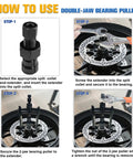 YATOINTO 12Pcs blind-hole bearing puller kit; step-by-step: close-up extender, split collet, 2-jaw puller on wheel.
