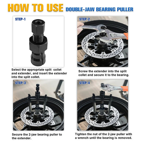 YATOINTO 12Pcs blind-hole bearing puller kit; step-by-step: close-up extender, split collet, 2-jaw puller on wheel.