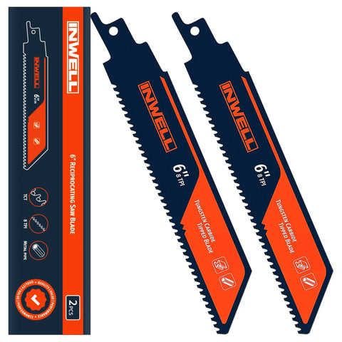 2 Pack Tungsten Carbide Reciprocating Saw Blades 8 TPI Heavy Duty For Thick Metal Cast Iron And Stainless Steel Demolition Ready Industrial Cutting 6 Inch Beast Mode Cuts shown with packaging