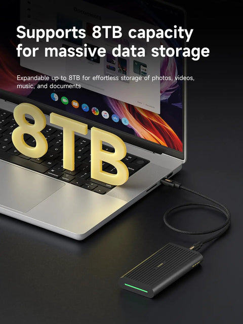 Blazing 80Gbps M.2 Nvme Ssd Enclosure with 8TB capacity, connected to laptop, showcasing fast data storage capabilities.