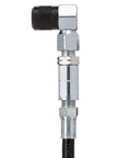 Front view of 90-degree grease gun coupler with swivel head, threaded fittings, chrome metal body and black hose