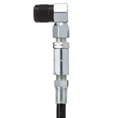 Front view of 90-degree grease gun coupler with swivel head, threaded fittings, chrome metal body and black hose