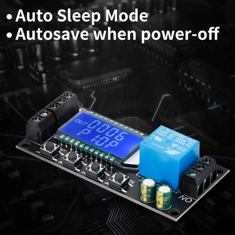 Time Delay Relay Module Dual Pack for DC 5V 12V 24V with LCD Display, showing adjustable trigger delay and USB interface.