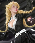 Animated character in a dynamic pose, wearing a black outfit with a white belt, braided blonde hair, dramatic light setting.