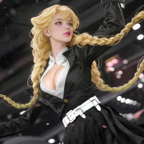 Animated character in a dynamic pose, wearing a black outfit with a white belt, braided blonde hair, dramatic light setting.