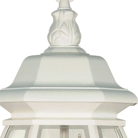 Top detail of Three Light Outdoor Hanging Lantern In White Finish With Clear Beveled Glass 20 Inch Die Cast Aluminum Fixture Damp Location