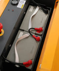 Heavy Duty Counterbalanced Electric Stacker With 2200 Lbs Capacity And 98 Inch Lifting Height, showcasing battery compartment and control panel.