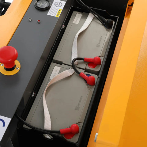 Heavy Duty Counterbalanced Electric Stacker With 2200 Lbs Capacity And 98 Inch Lifting Height, showcasing battery compartment and control panel.