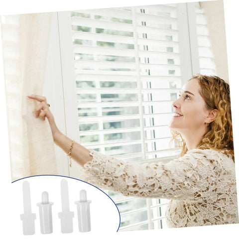 Woman using Grab This Top Shelf Shutter Repair Kit With Heavy Duty Plastic Pins And Rust Proof Staples on window blinds.