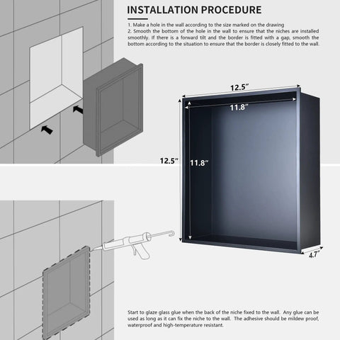 Installation diagram for Black Stainless Shower Niche Shelf 12.5 X 12.5 X 4.7 Inches Slick Flush Mount Recessed Niche
