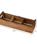 Three Compartment Wooden Tea Bag Box With Handle Acacia Wood Caddy for storing tea bags, sugar packets, and creamers.