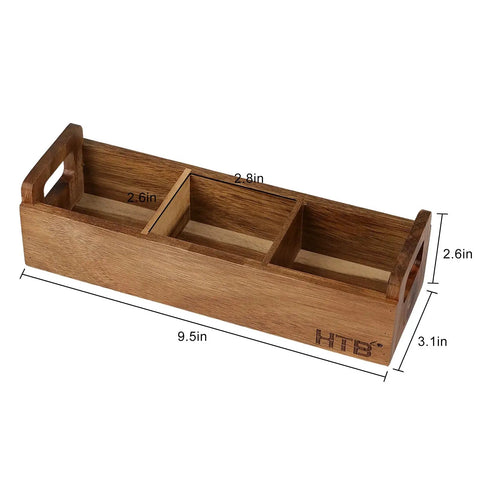 Three Compartment Wooden Tea Bag Box With Handle Acacia Wood Caddy for storing tea bags, sugar packets, and creamers.