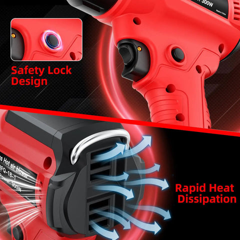 Close-up of Cordless 18V Heat Gun With 350W Power And 1022 Fahrenheit High Temp Pro Grade Variable Temperature Control showing safety lock and heat dissipation features.