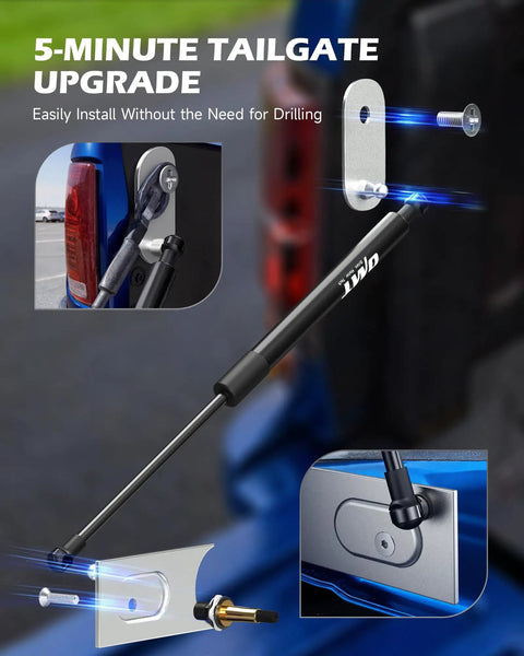 Illustration of Dodge Ram Tailgate Lift Assist Kit parts for 2009-2025 Ram 1500 2500 3500 with easy installation instructions