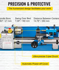 Badass Precision Bench Top Mini Metal Lathe 7X14 Inch showing features and design with adjustable controls and protective covers.