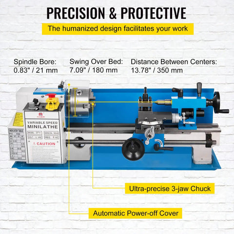 Badass Precision Bench Top Mini Metal Lathe 7X14 Inch showing features and design with adjustable controls and protective covers.