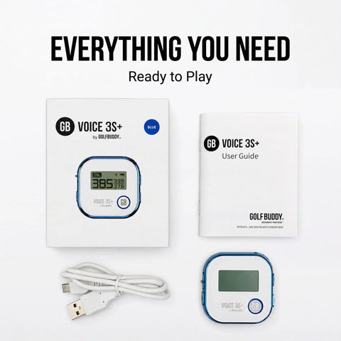 3S Plus Talking Golf GPS Rangefinder With Clip On Hat Mount Slope On Off Audible Yardage To Front Center And Back For 40,000 Courses Long Battery Life No Subscriptions Fees Ever Portable Hands Free Golf Rangefinder with box, user guide, charging cable