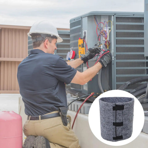 Technician installing Top Shelf Outdoor AC Compressor Soundproofing Foam Wrap With Heavy Duty Straps And Self Adhesive Insulation Blanket.